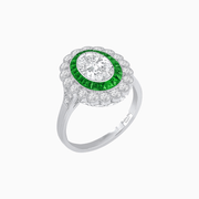 Vintage Style Oval Ring with French-Cut Gemstone Halo and Scalloped Diamond Border - Shahin Jewelry